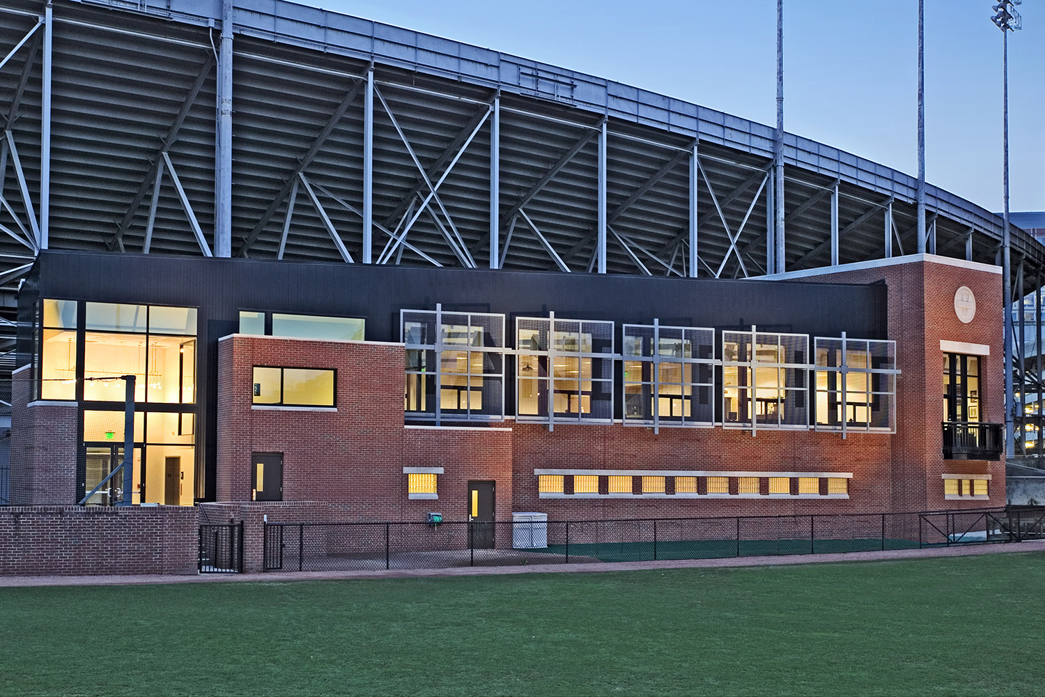 Hawkins Field Fieldhouse at Vanderbilt, brick and steel beside the baseball stadium.