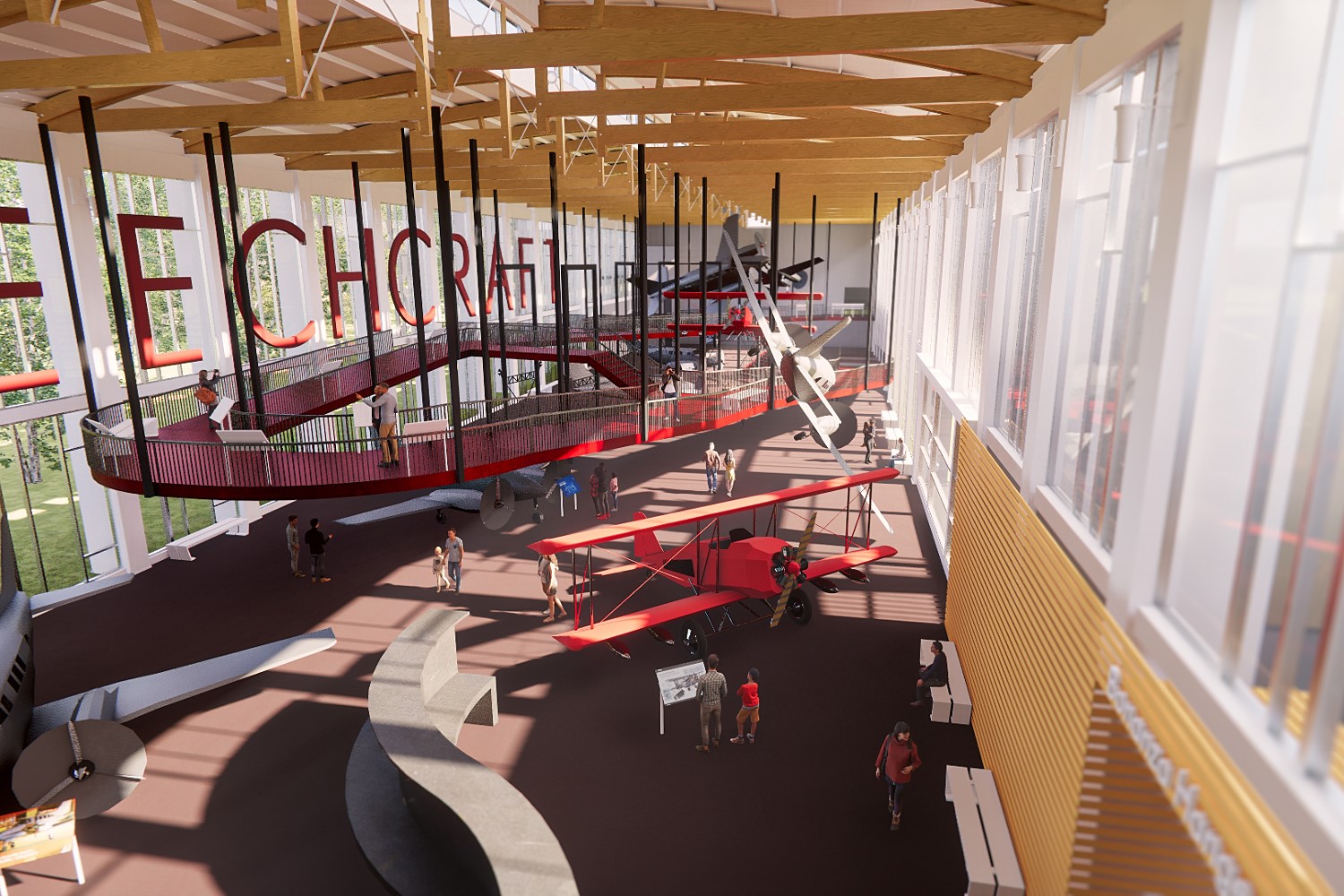 A rendered view inside the Beechcraft Heritage Museum, aircraft suspended below timber trusses.
